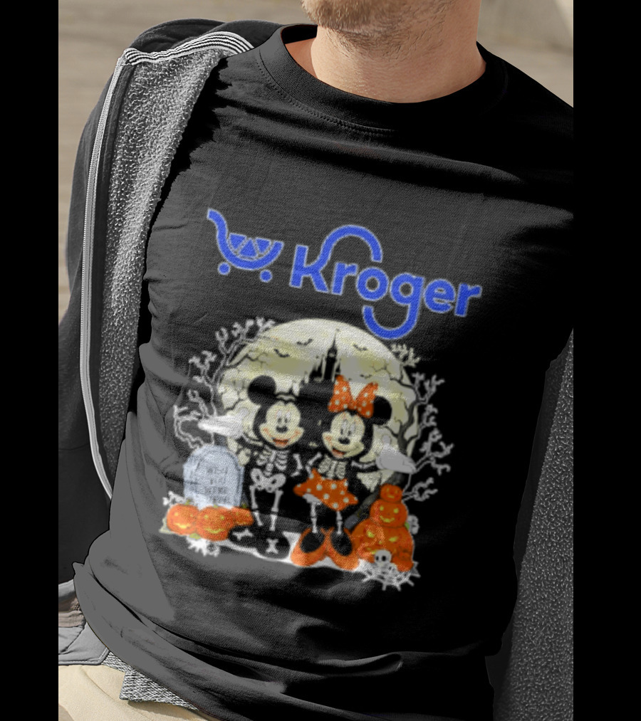 Kroger Mickey And Minnie Mouse Skeleton Halloween Pumpkins And Gravestone T-Shirt