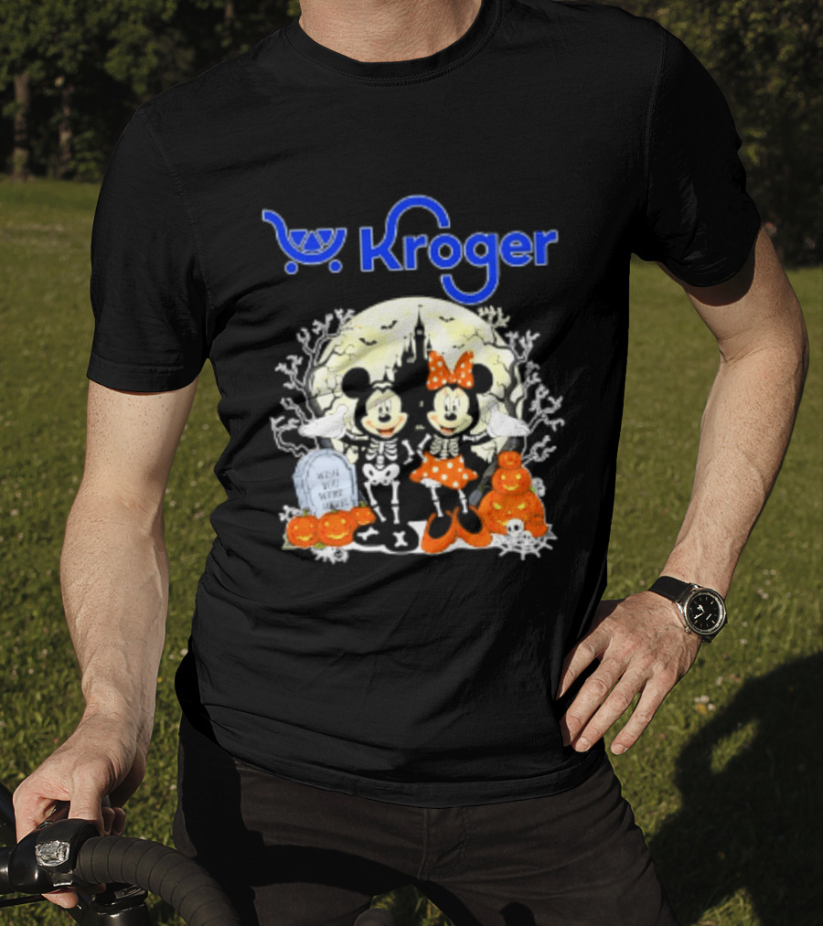 Kroger Mickey And Minnie Mouse Skeleton Halloween Pumpkins And Gravestone T-Shirt