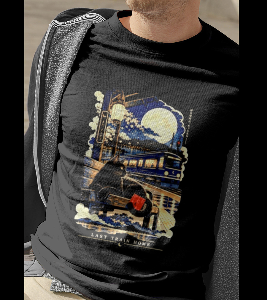 Last Train Home Black Cat Under Moonlit Sky Japanese Aesthetic T-Shirt