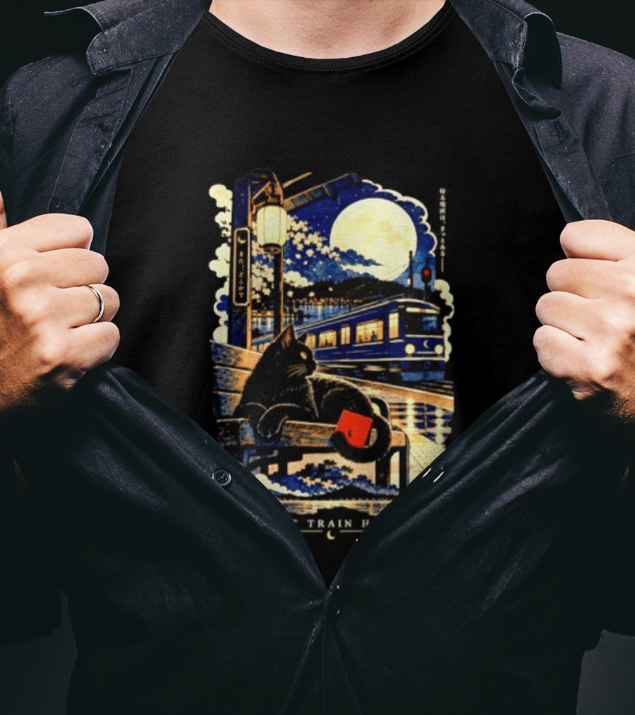 Last Train Home Black Cat Under Moonlit Sky Japanese Aesthetic T-Shirt