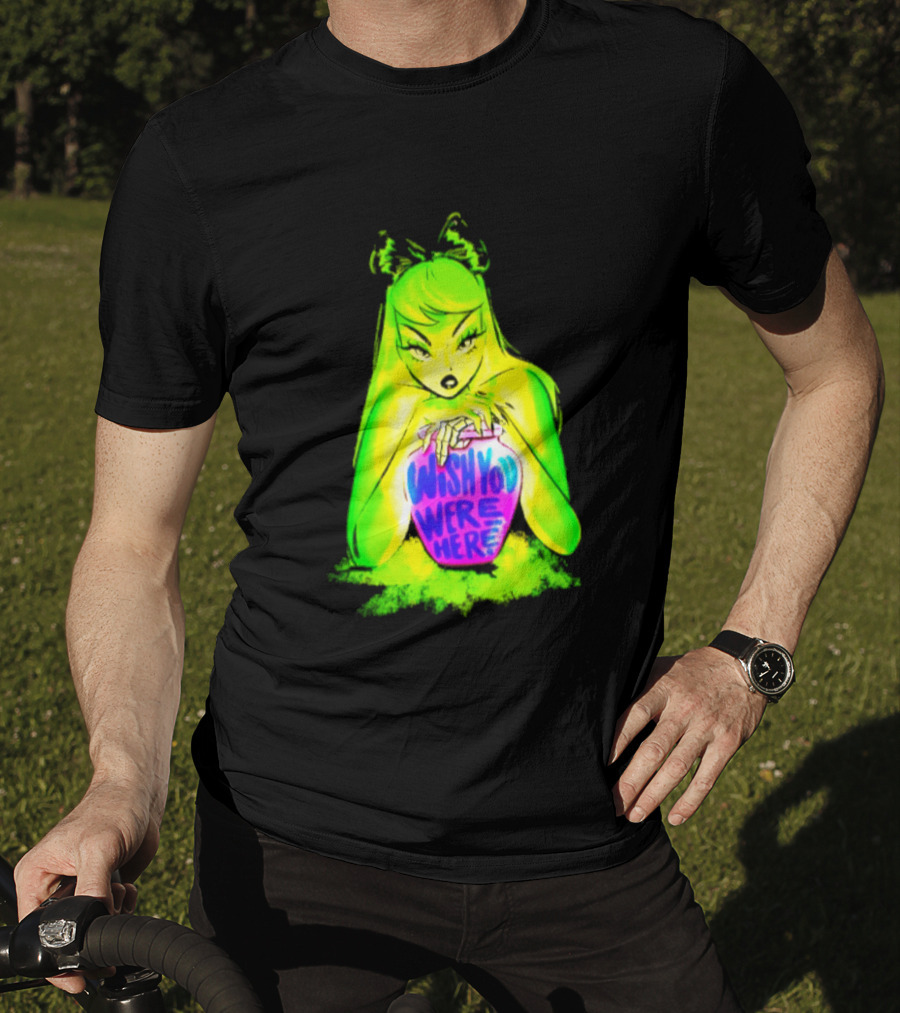 Wish You Were Here Skeleton Urn Goth Spooky Green Yellow Pink Ghostly Aesthetic T-Shirt