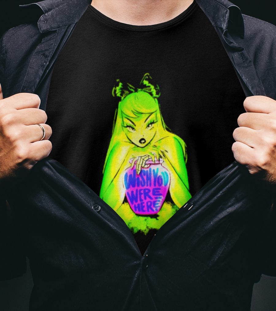 Wish You Were Here Skeleton Urn Goth Spooky Green Yellow Pink Ghostly Aesthetic T-Shirt