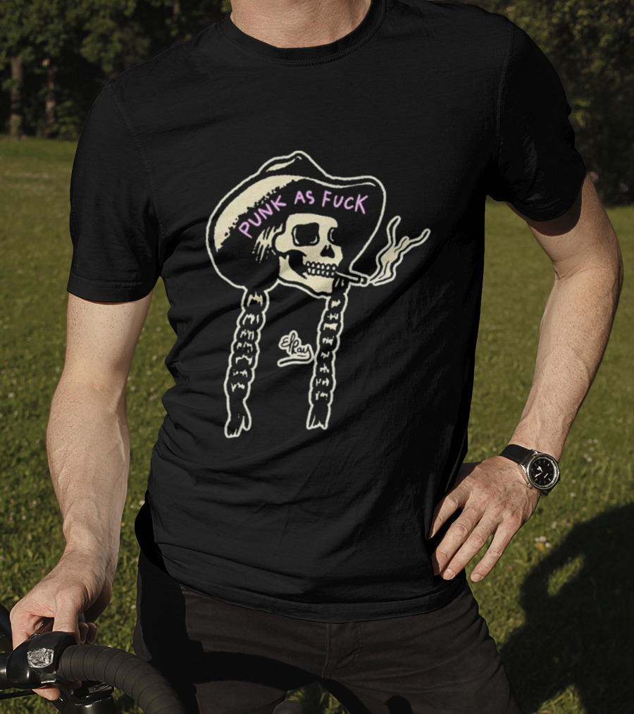 Punk As Fuck Skeleton Smoking Cowboy Hat Braids T-Shirt