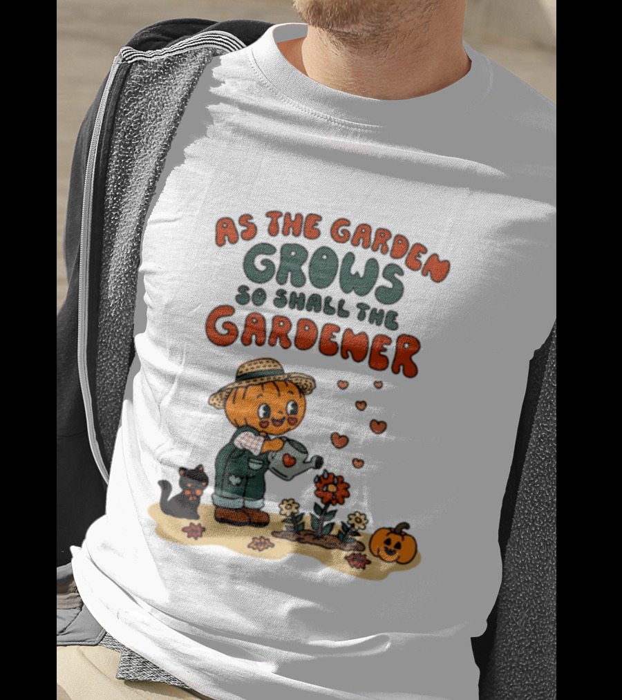 As The Garden Grows So Shall The Gardener Pumpkin Watering Flowers With Cat And Hearts T-Shirt