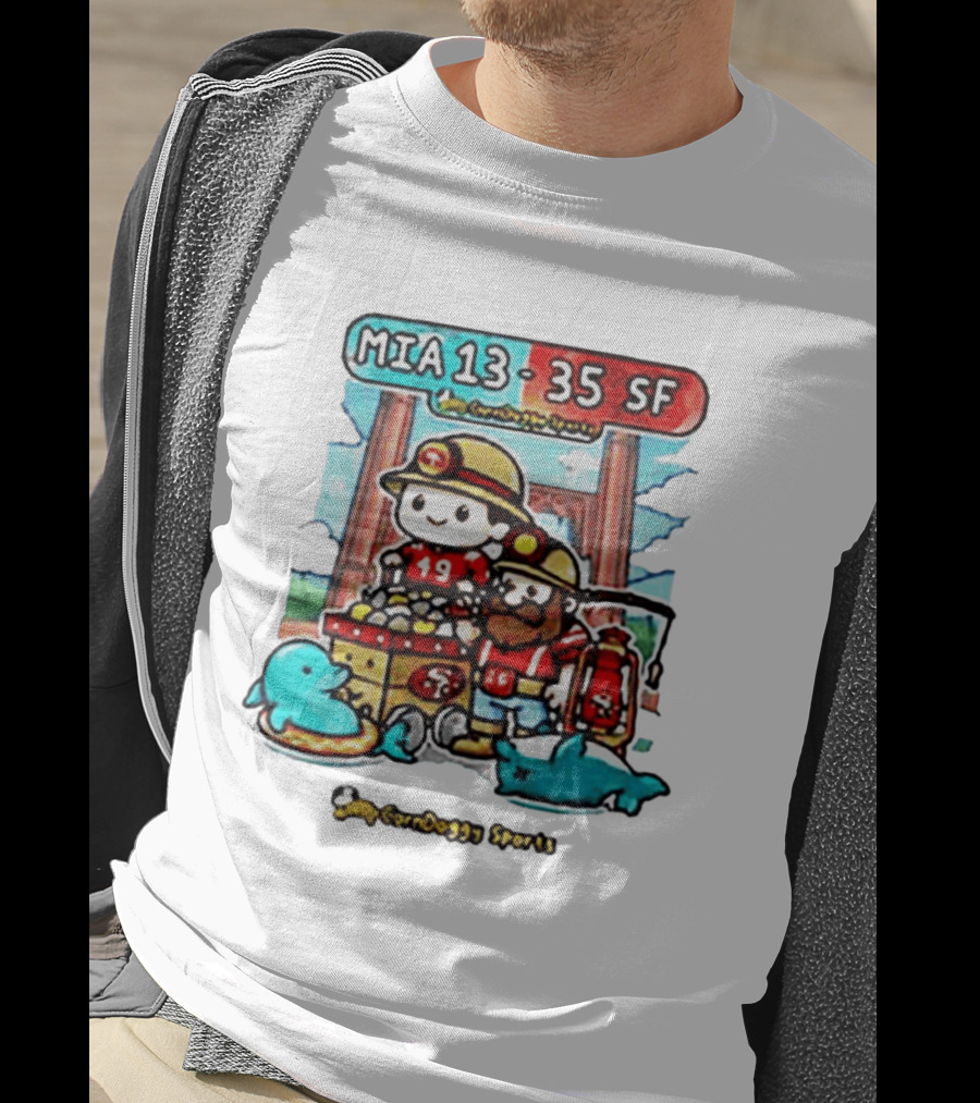 CornDoggy Sports MIA 13 Vs 35 SF Dolphins 49ers Gold Miners Cartoon T-Shirt