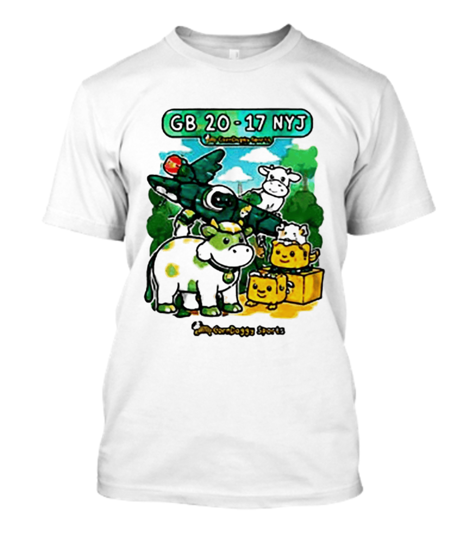 GB 20 17 NYJ Green Bay Football Green Cow Jet Cartoon Game Day T-Shirt