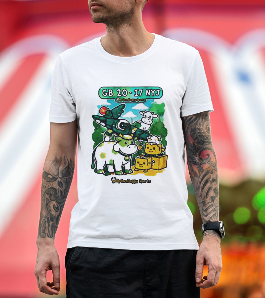 GB 20 17 NYJ Green Bay Football Green Cow Jet Cartoon Game Day T-Shirt