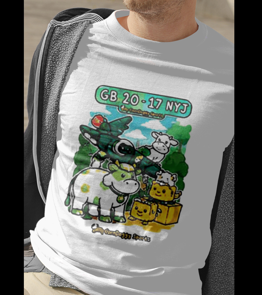 GB 20 17 NYJ Green Bay Football Green Cow Jet Cartoon Game Day T-Shirt