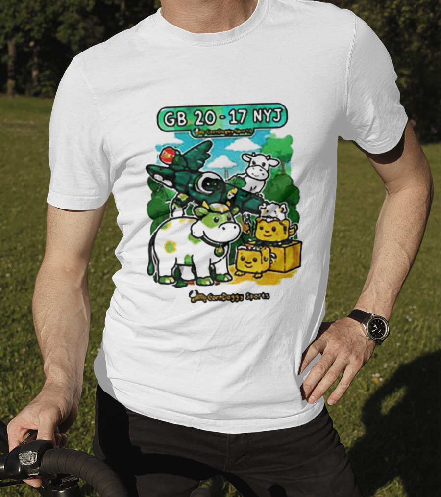 GB 20 17 NYJ Green Bay Football Green Cow Jet Cartoon Game Day T-Shirt