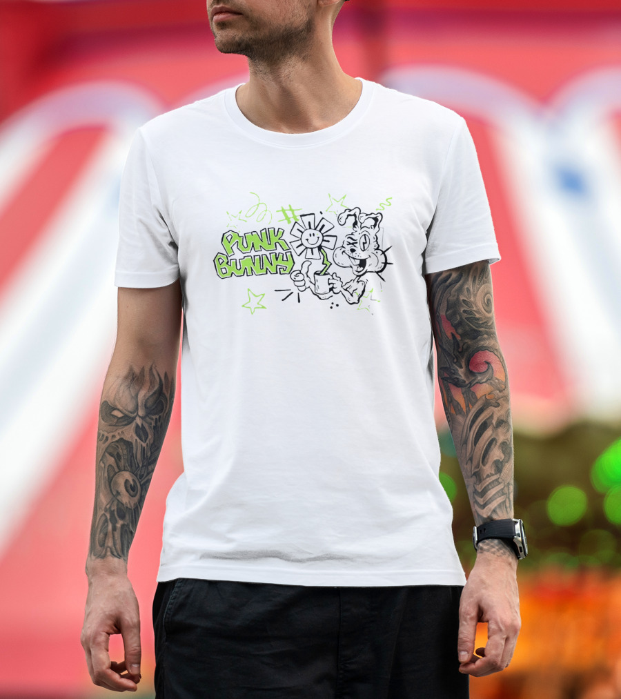 Punk Bunny Green Day Coffee Flower Light Blue T-Shirt