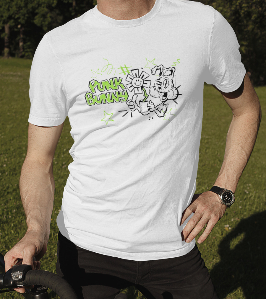 Punk Bunny Green Day Coffee Flower Light Blue T-Shirt