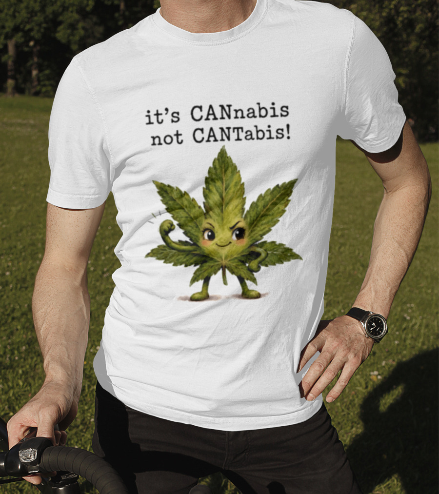 Cannabis Leaf Character It's CANnabis Not CANtabis Winking Cartoon T-Shirt