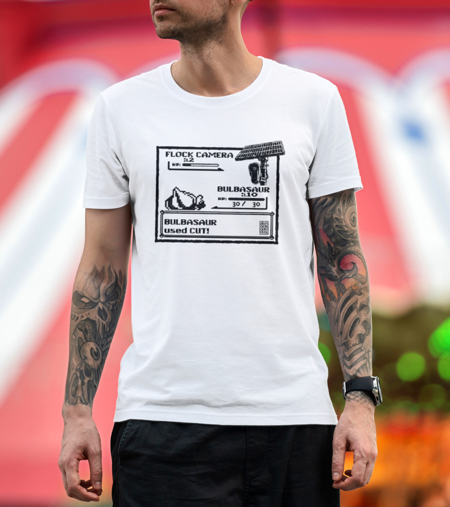 Flock Camera Pokemon Game Boy Bulbasaur Used Cut Retro Gaming Battle Scene T-Shirt