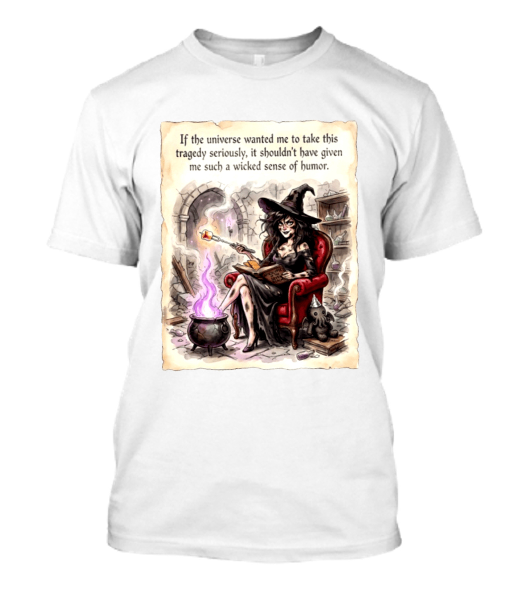 Witch With A Wicked Sense Of Humor And Magic Wand In Stone Room T-Shirt
