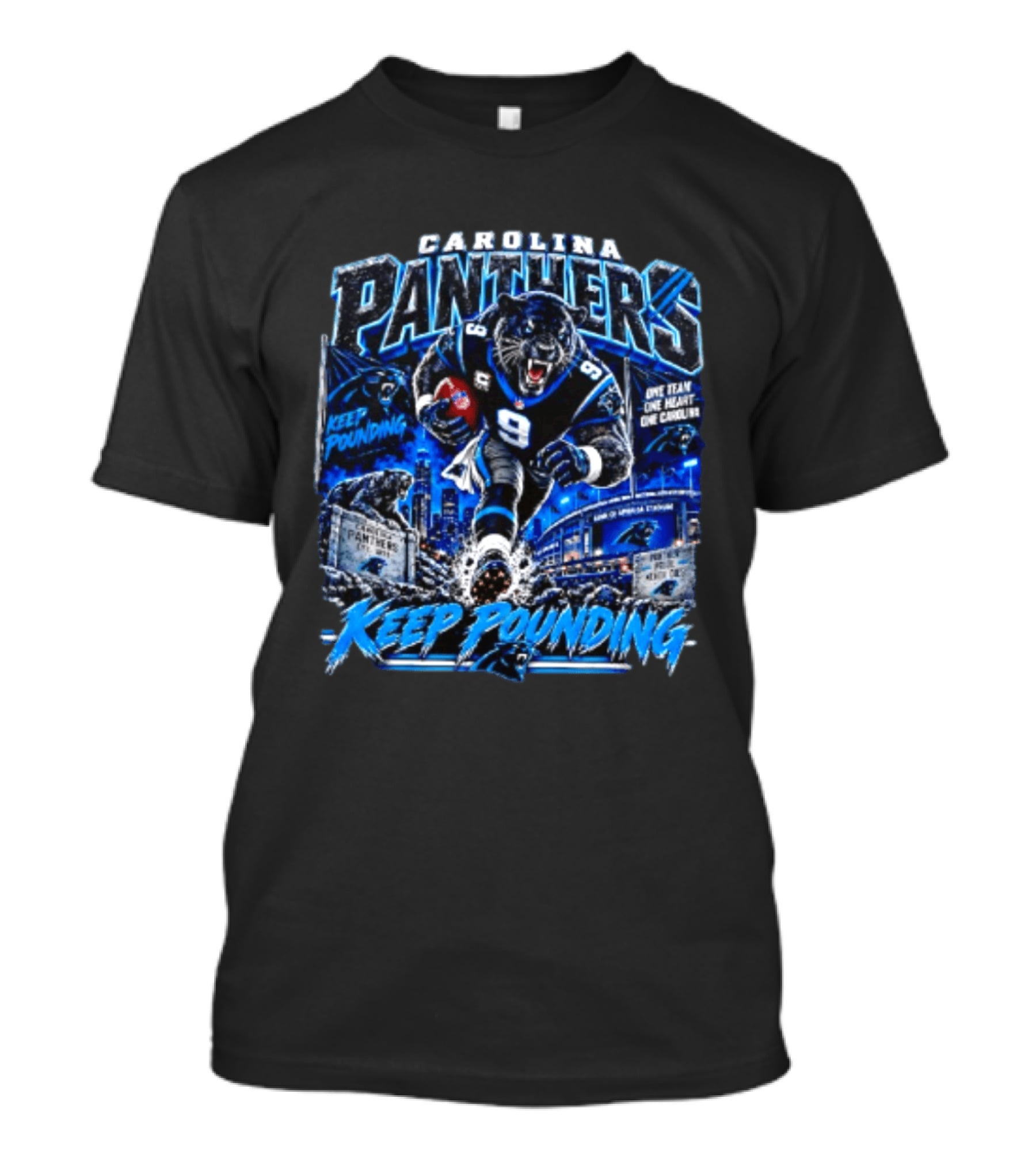 Carolina Panthers Keep Pounding One Team One Heart One Carolina Panthers 9 Football Player City Skyline T-Shirt