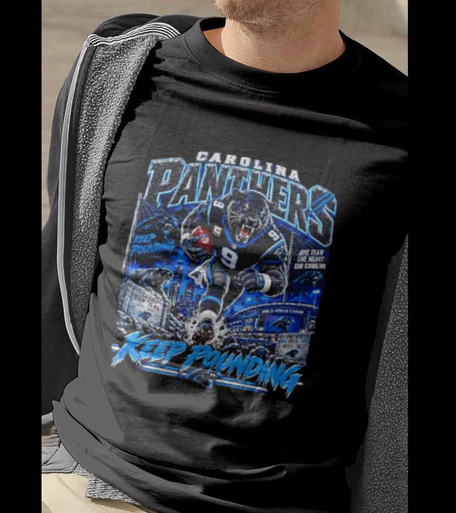 Carolina Panthers Keep Pounding One Team One Heart One Carolina Panthers 9 Football Player City Skyline T-Shirt