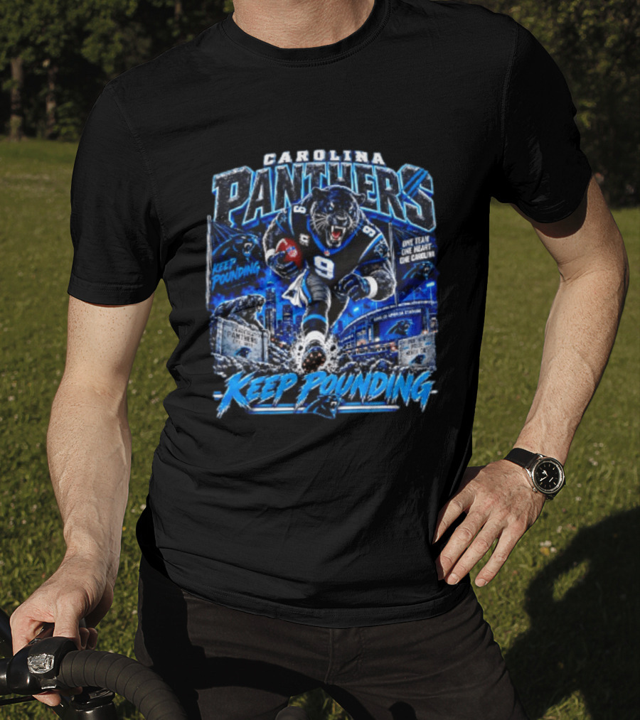 Carolina Panthers Keep Pounding One Team One Heart One Carolina Panthers 9 Football Player City Skyline T-Shirt