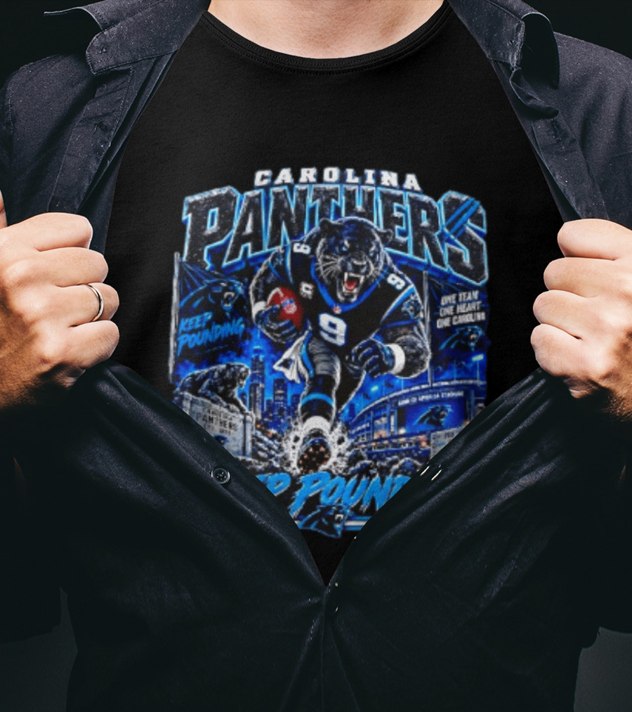 Carolina Panthers Keep Pounding One Team One Heart One Carolina Panthers 9 Football Player City Skyline T-Shirt