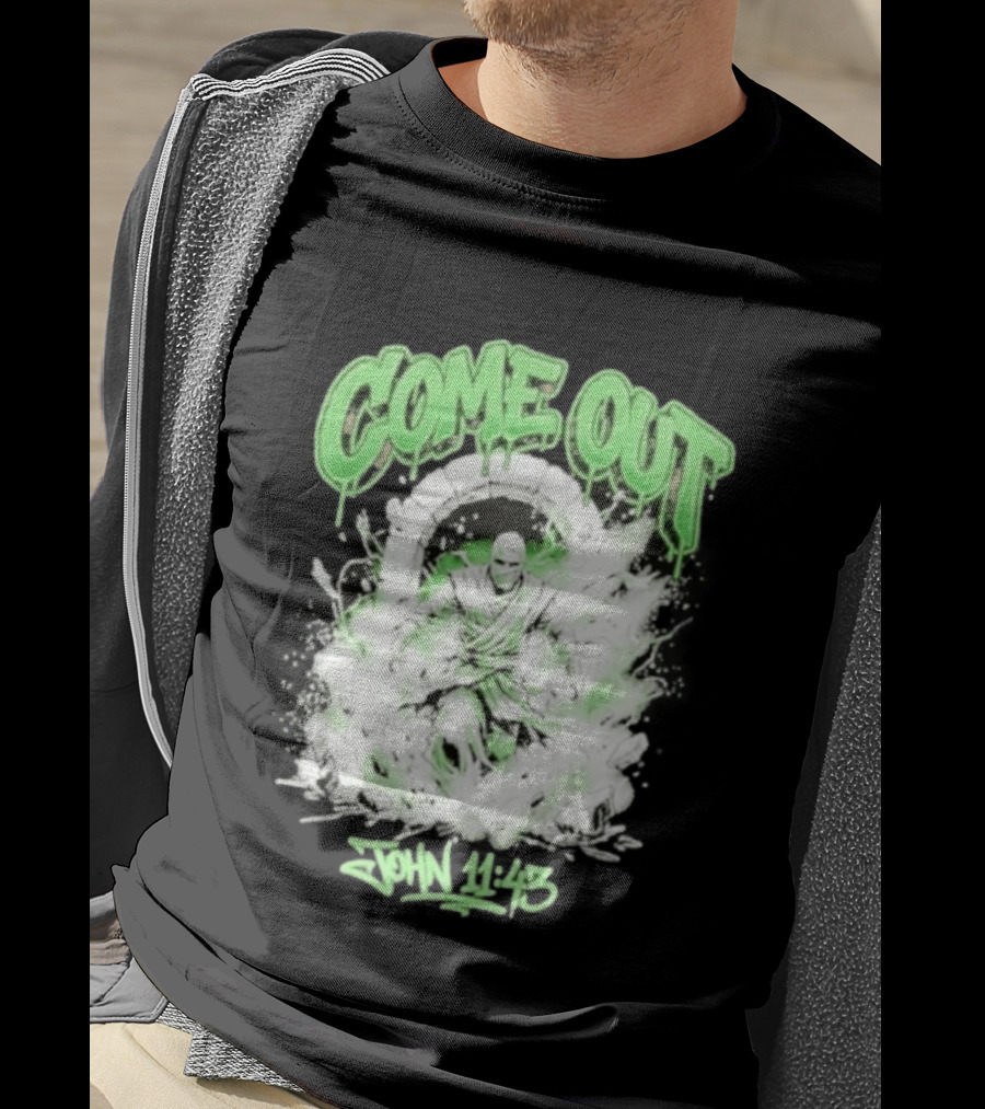 Come Out John 11 43 Mummy Bible Verse Green Drip T-Shirt