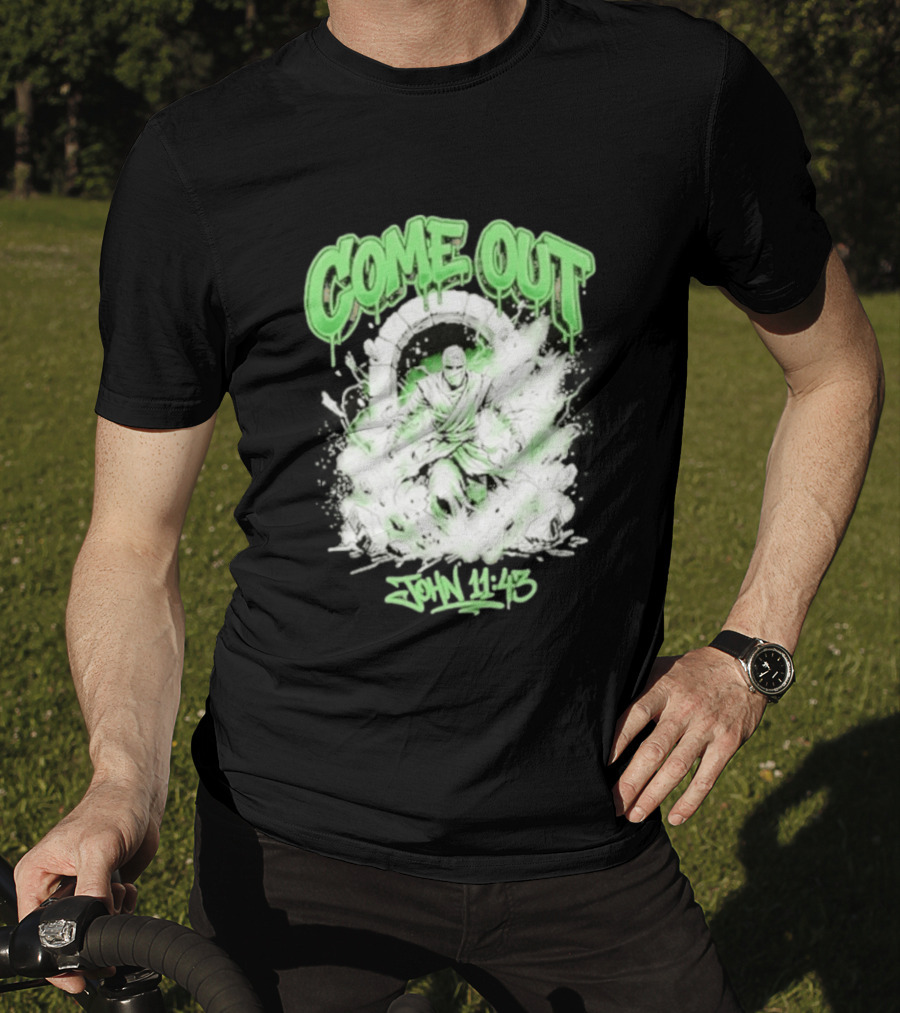 Come Out John 11 43 Mummy Bible Verse Green Drip T-Shirt