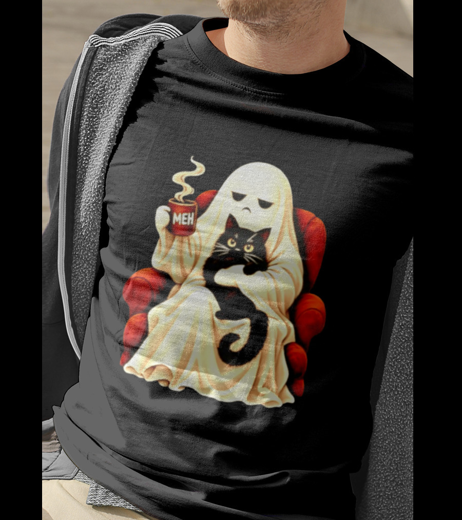 Ghost And Black Cat On Red Chair With Meh Coffee T-Shirt