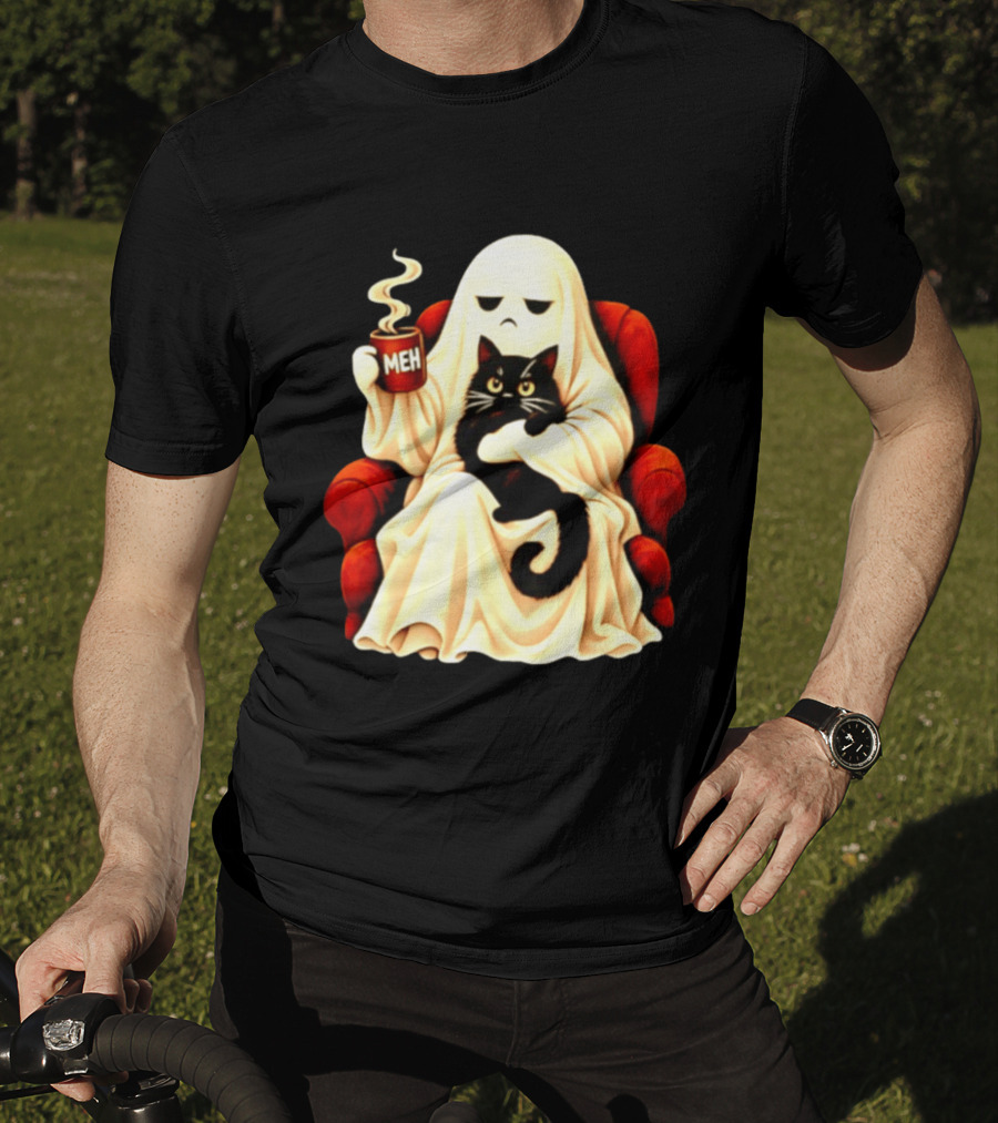 Ghost And Black Cat On Red Chair With Meh Coffee T-Shirt