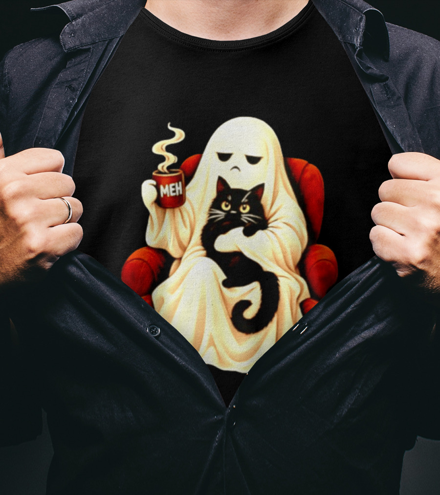Ghost And Black Cat On Red Chair With Meh Coffee T-Shirt