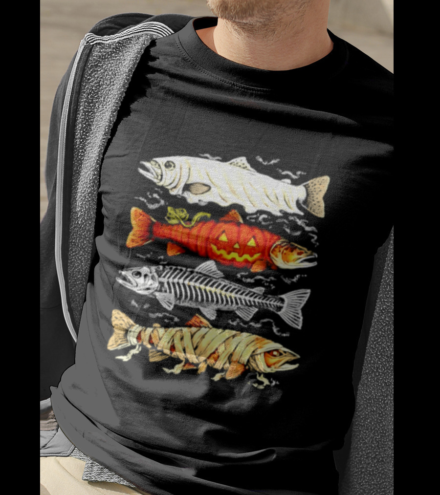 Halloween Pumpkin Mummy Fish Skeleton Trio T-Shirt