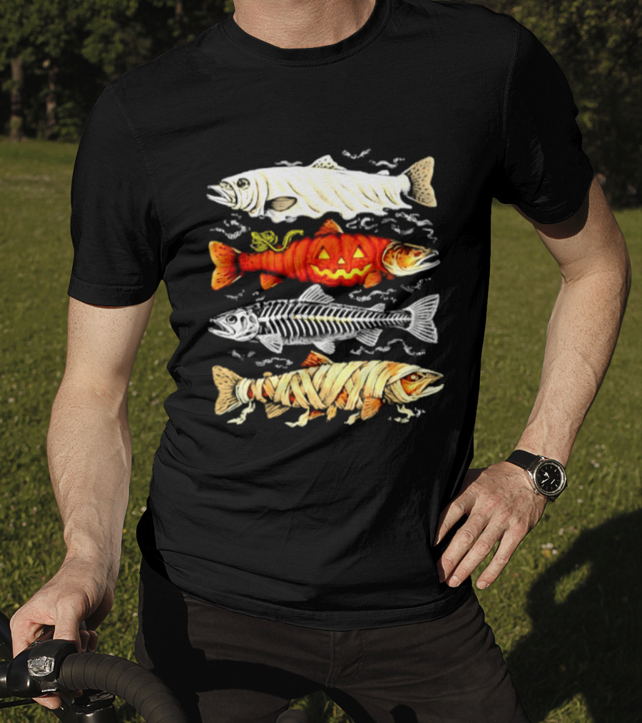 Halloween Pumpkin Mummy Fish Skeleton Trio T-Shirt