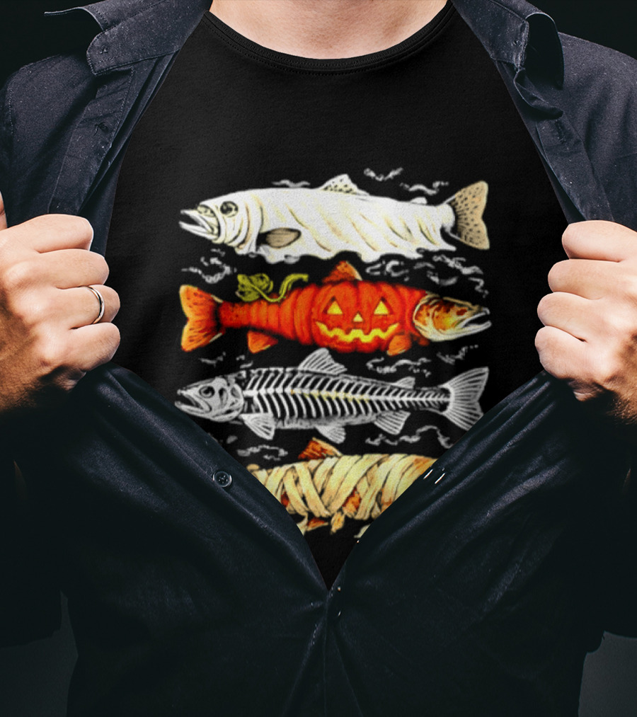 Halloween Pumpkin Mummy Fish Skeleton Trio T-Shirt