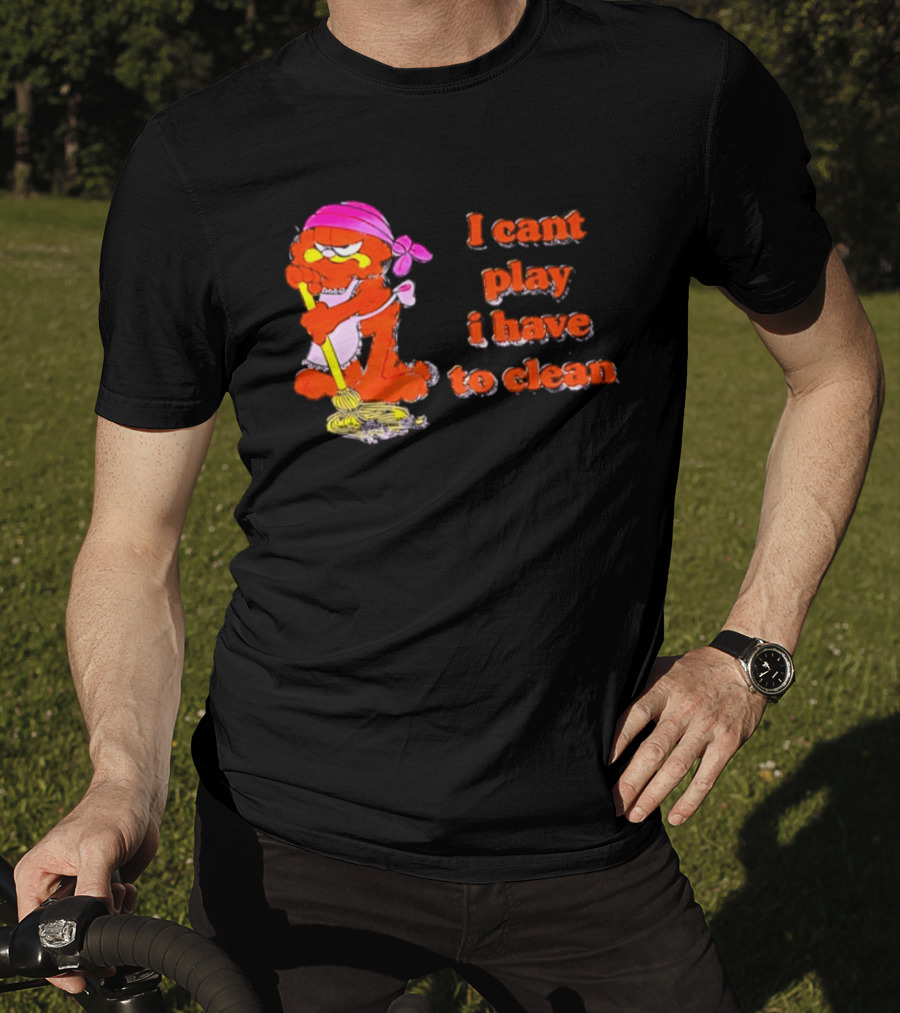 Garfield I Can't Play I Have To Clean Comic Image With Mop And Bandana T-Shirt
