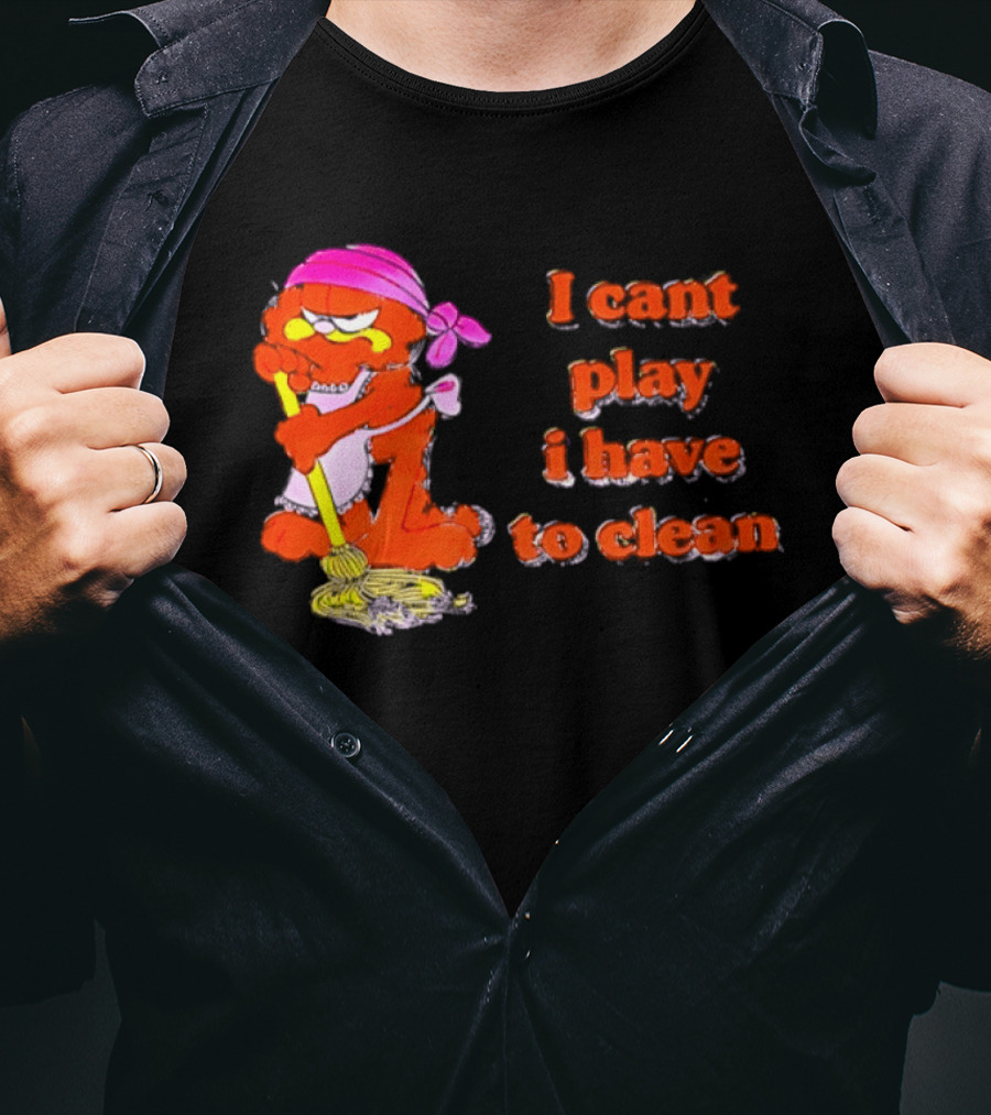 Garfield I Can't Play I Have To Clean Comic Image With Mop And Bandana T-Shirt