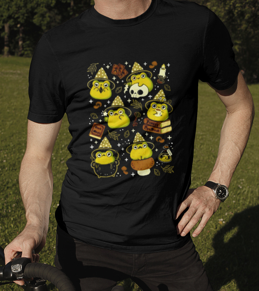 Witchy Froggy Spellbook Black Magic Poison Wizard Hat Mushrooms Potion Bottles T-Shirt