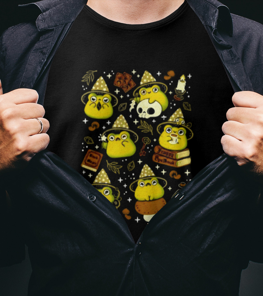 Witchy Froggy Spellbook Black Magic Poison Wizard Hat Mushrooms Potion Bottles T-Shirt