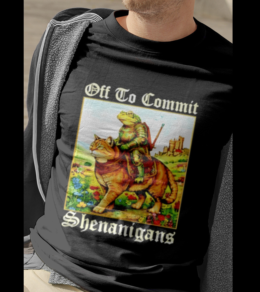 Off To Commit Shenanigans Frog Knight Riding Cat Medieval Adventure T-Shirt