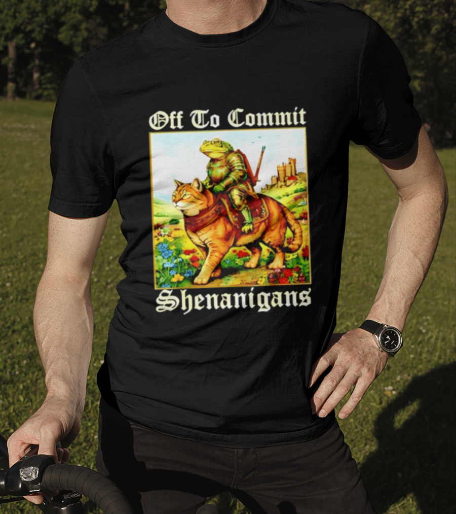 Off To Commit Shenanigans Frog Knight Riding Cat Medieval Adventure T-Shirt