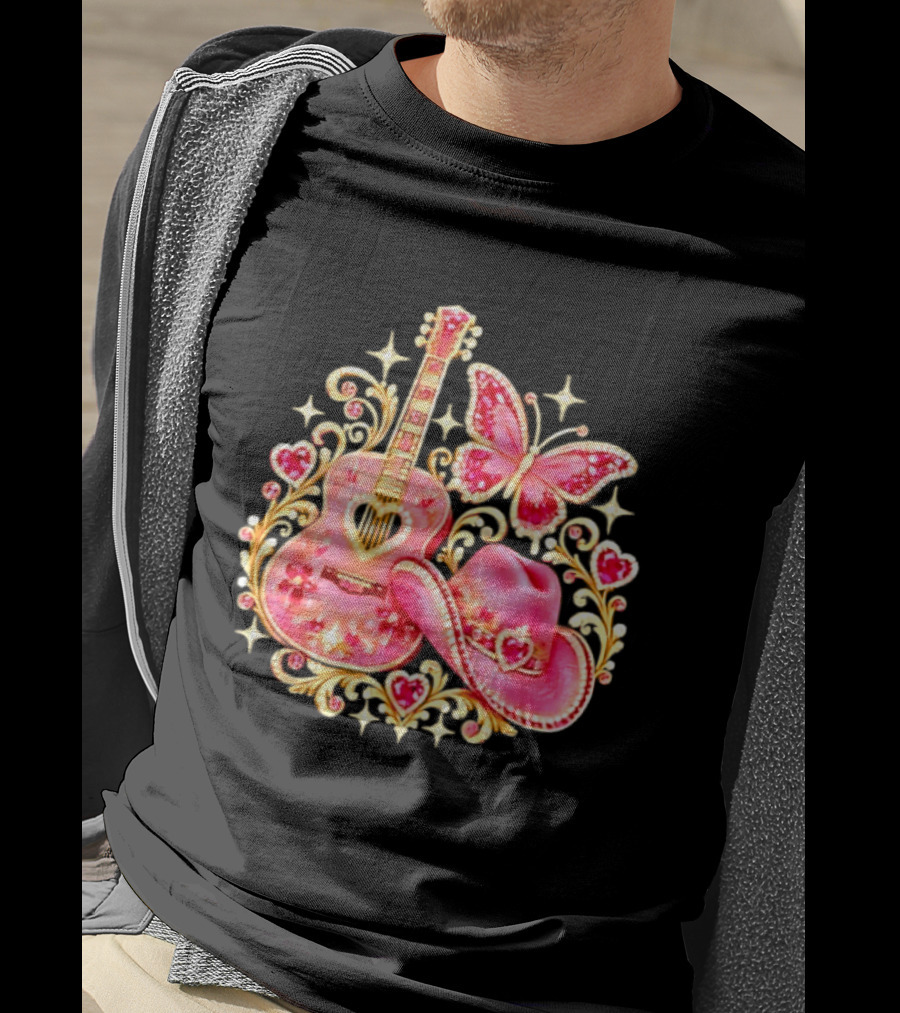 Pink Rhinestone Guitar Cowboy Hat Butterfly Hearts Sparkles T-Shirt