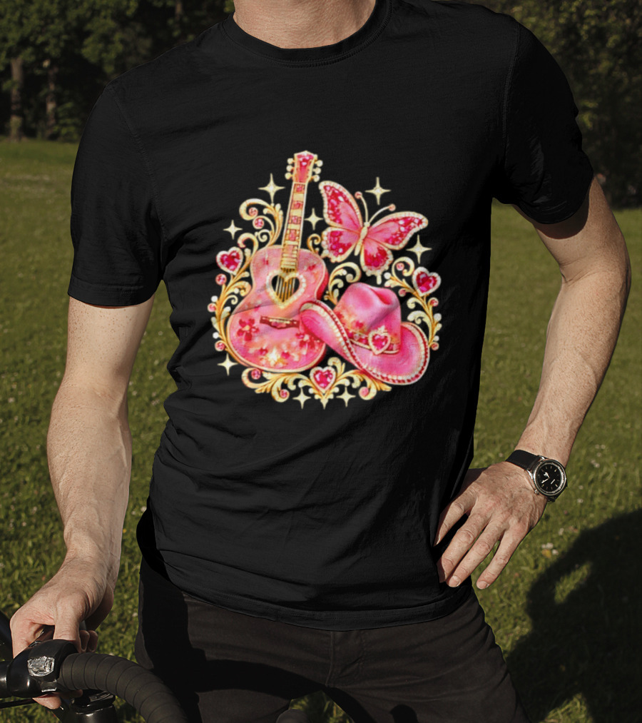 Pink Rhinestone Guitar Cowboy Hat Butterfly Hearts Sparkles T-Shirt