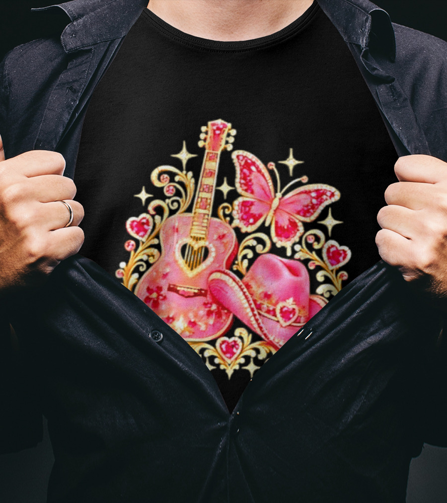 Pink Rhinestone Guitar Cowboy Hat Butterfly Hearts Sparkles T-Shirt