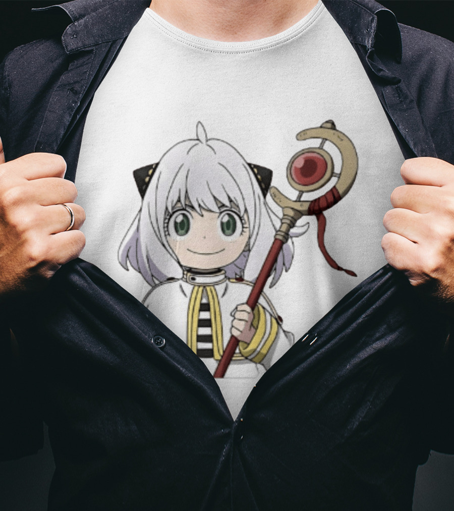 Anya Forger Frieren Crossover Anime Character With Magical Staff T-Shirt