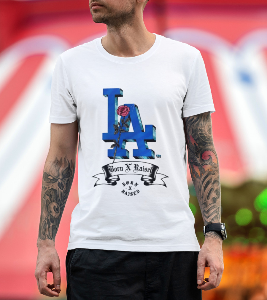 Born X Raised X Los Angeles Dodgers Forever Blue LA Rose T-Shirt