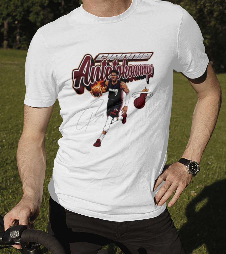 Giannis Antetokounmpo Miami Heat Basketball Cursive Script T-Shirt
