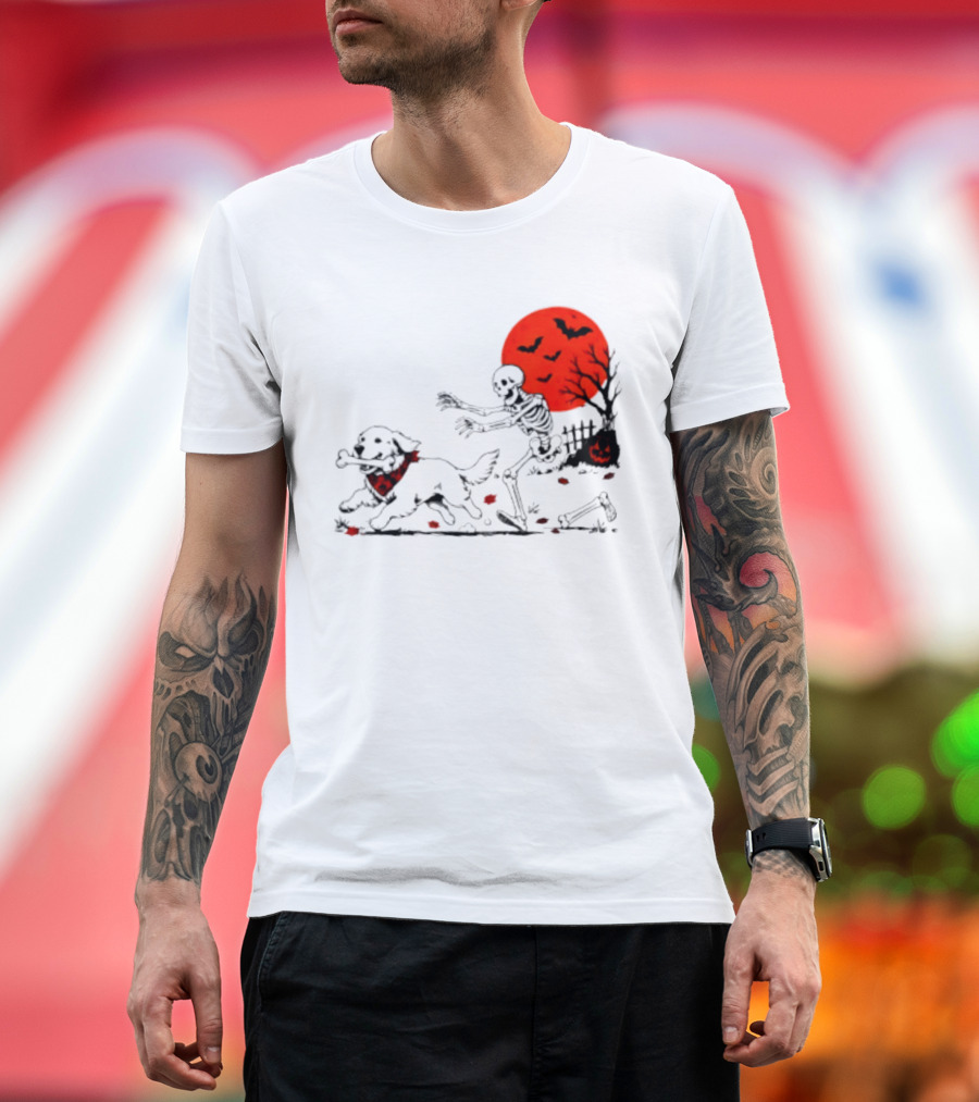 Golden Retriever And Skeleton Chase Under Red Moon With Bats And Pumpkin T-Shirt