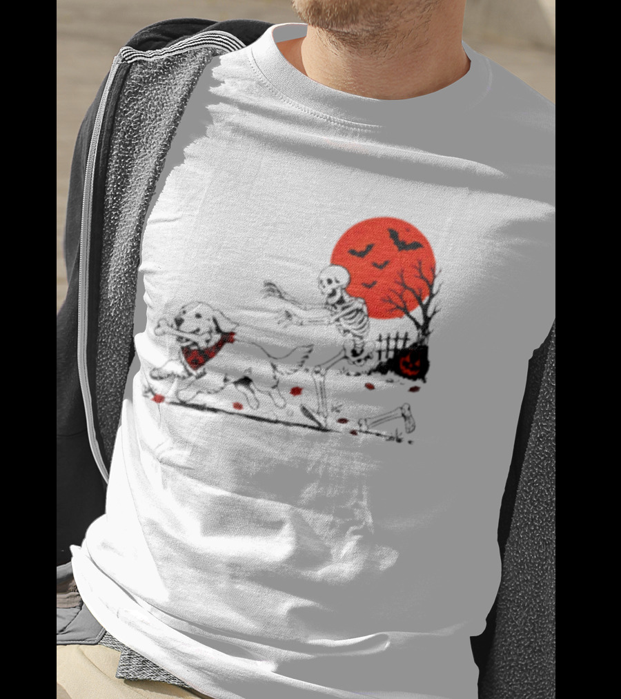 Golden Retriever And Skeleton Chase Under Red Moon With Bats And Pumpkin T-Shirt