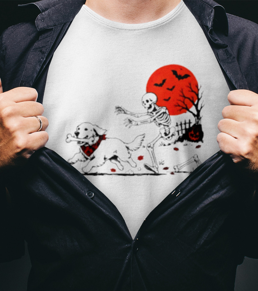 Golden Retriever And Skeleton Chase Under Red Moon With Bats And Pumpkin T-Shirt