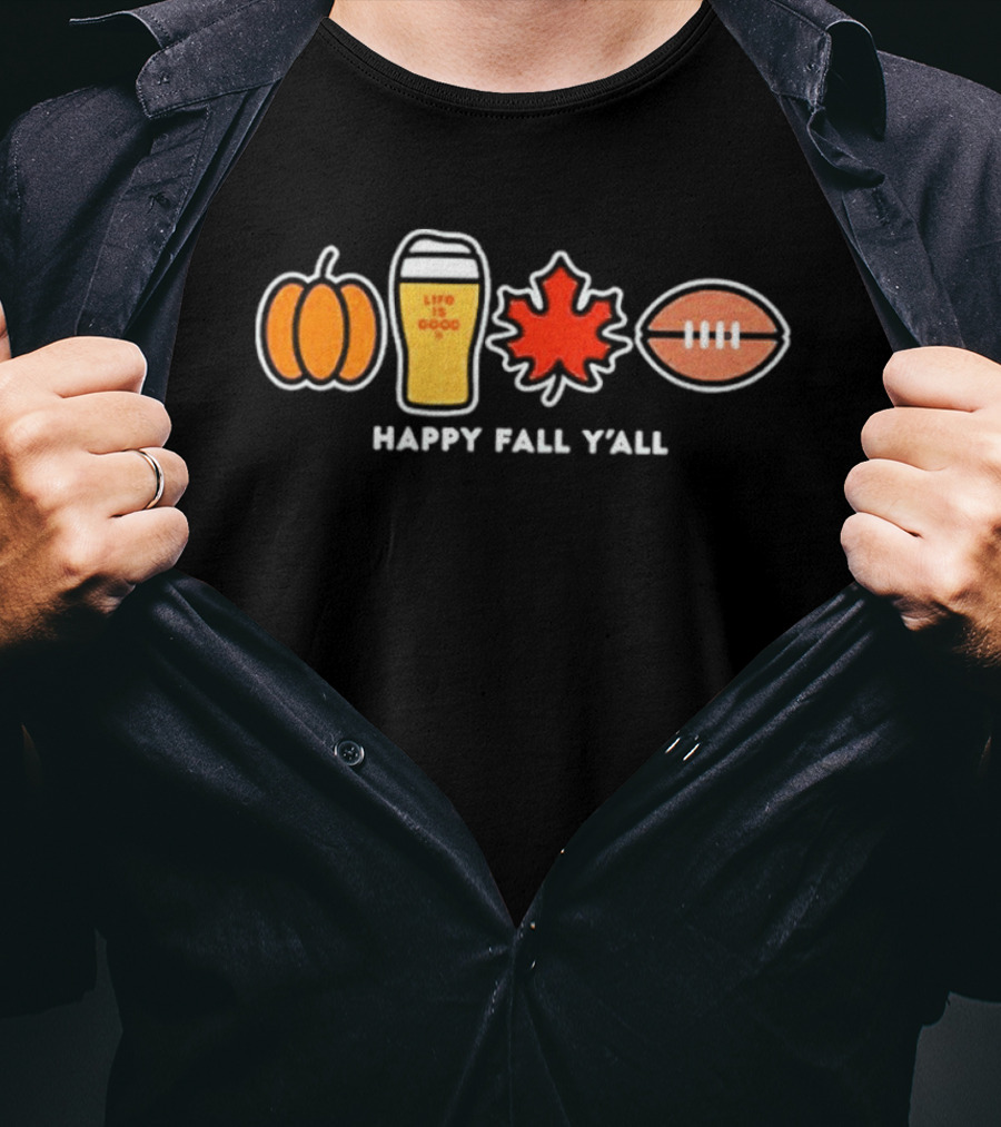 Pumpkin Life Is Good Beer Leaf Football Happy Fall Y'all Autumn Season T-Shirt