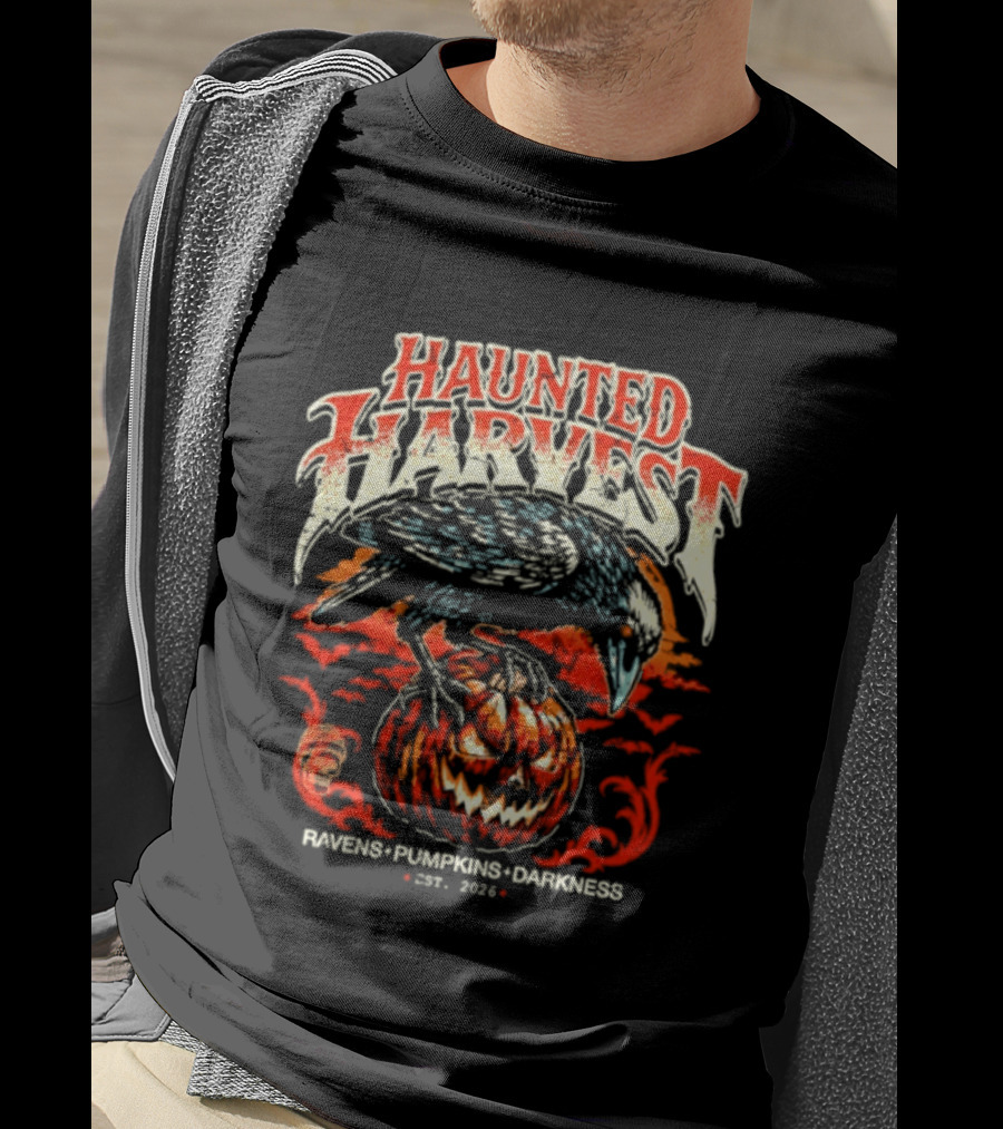 Haunted Harvest Ravens Pumpkins Darkness Est 2026 T-Shirt