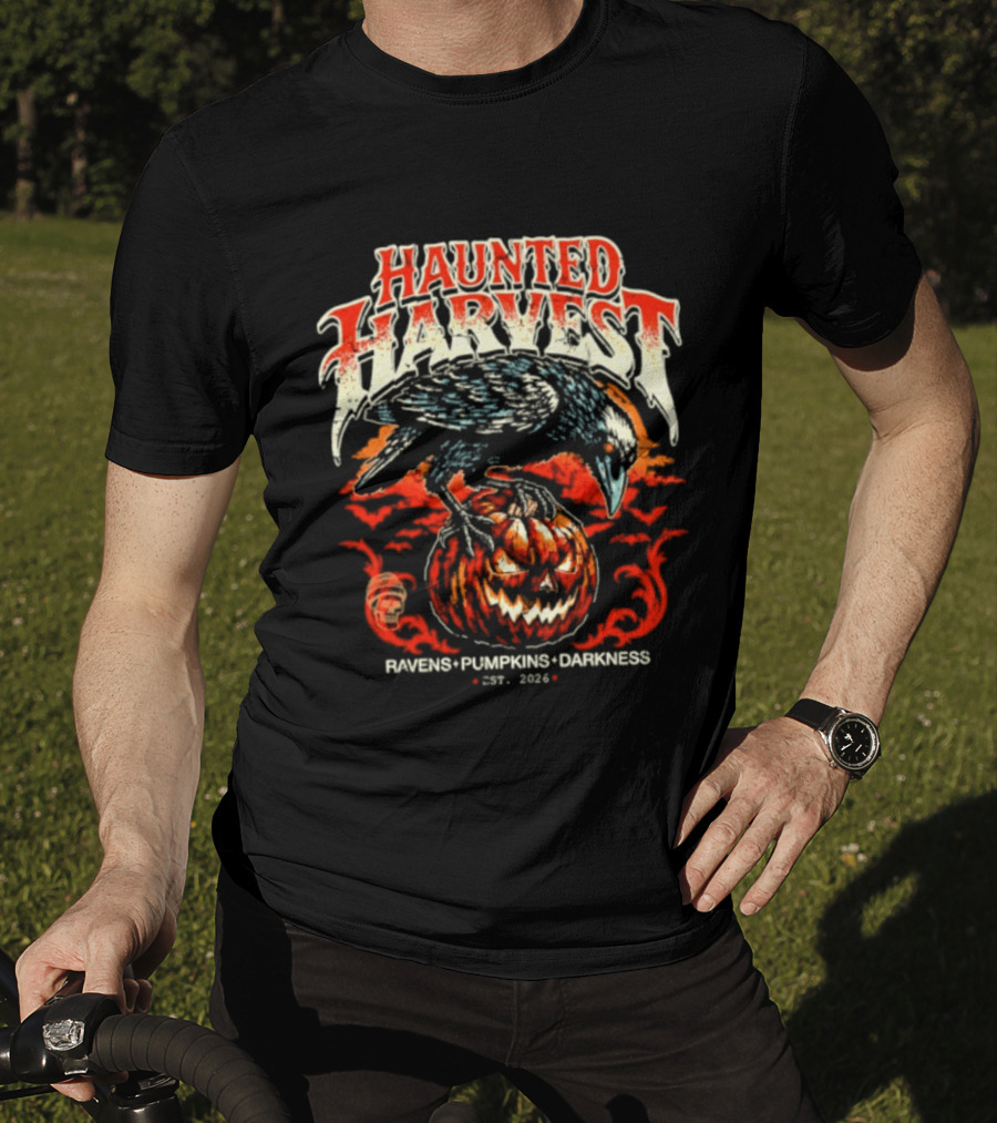 Haunted Harvest Ravens Pumpkins Darkness Est 2026 T-Shirt