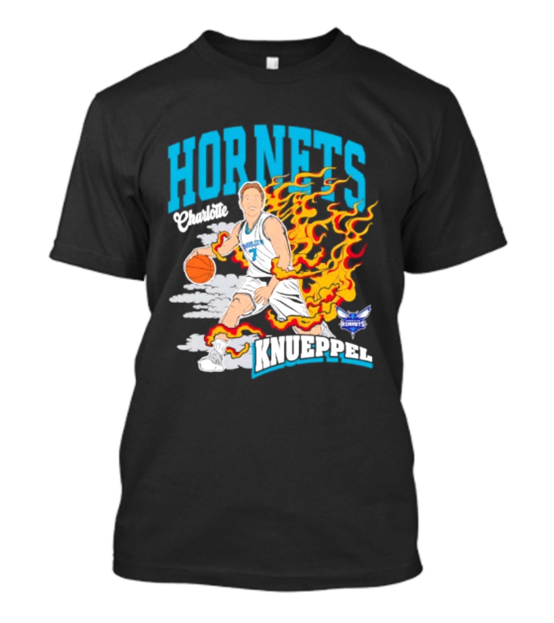 Charlotte Hornets Kon Knueppel Basketball With Flames Motif T-Shirt