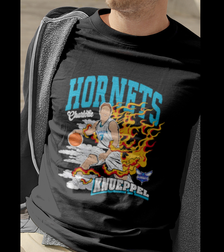 Charlotte Hornets Kon Knueppel Basketball With Flames Motif T-Shirt